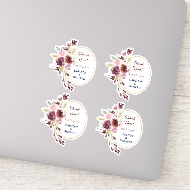 Burgundy Navy Floral Wedding Thank You Contour Sticker (Detail)