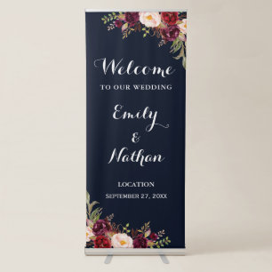 Burgundy Navy Floral Wedding Welcome Retractable Banner