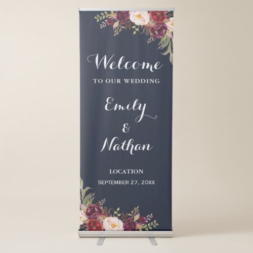 Burgundy Navy Floral Wedding Welcome Retractable Banner