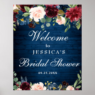 Burgundy Navy Floral Welcome Bridal Shower Sign