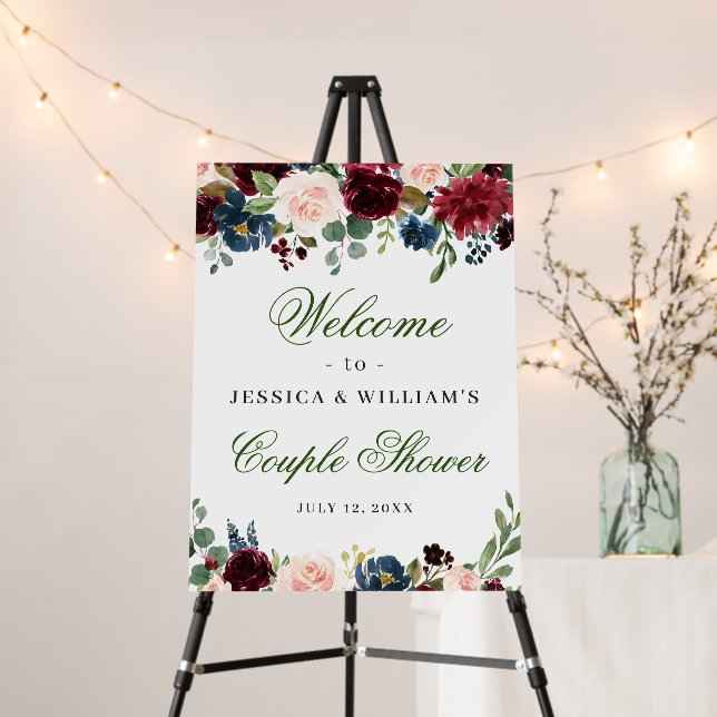 Burgundy Navy Floral Welcome Couple Shower Foam Board (In Situ (Stand))