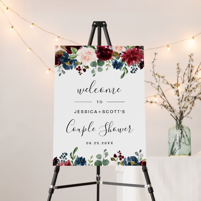 Burgundy Navy Floral Welcome Couple Shower Foam Board (In Situ (Stand))