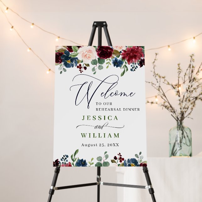 Burgundy Navy Floral Welcome Engagement Party Foam Board (In Situ (Stand))