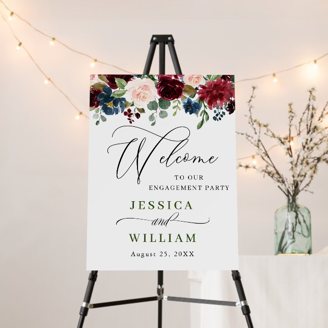 Burgundy Navy Floral Welcome Engagement Party Foam Board (In Situ (Stand))
