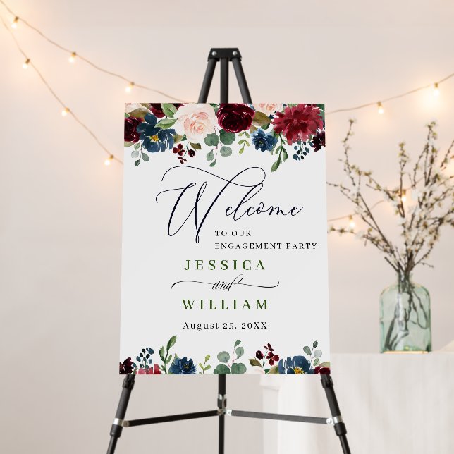 Burgundy Navy Floral Welcome Engagement Party Foam Board (In Situ (Stand))