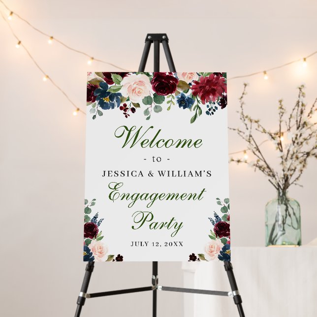 Burgundy Navy Floral Welcome Engagement Party Foam Board (In Situ (Stand))