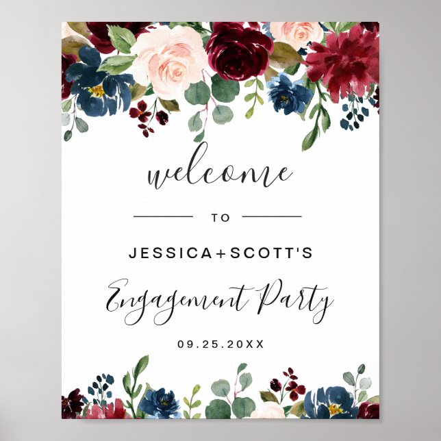 Burgundy Navy Floral Welcome Engagement Party Sign (Front)