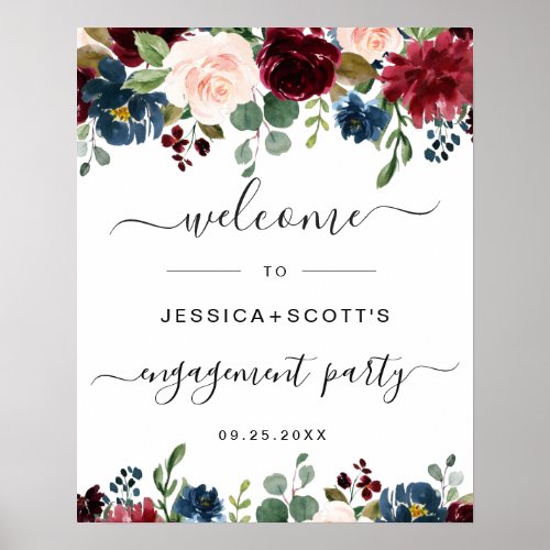 Burgundy Navy Floral Welcome Engagement Party Sign