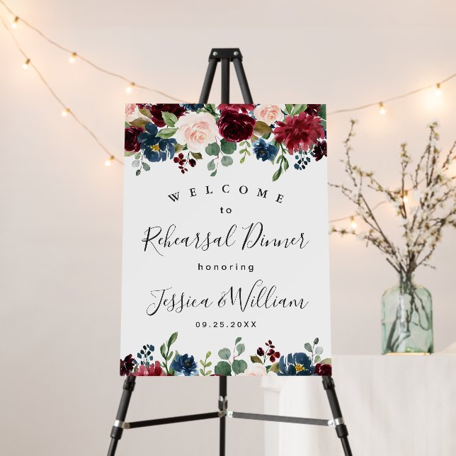 Burgundy Navy Floral Welcome Rehearsal Dinner Foam Board (In Situ (Stand))