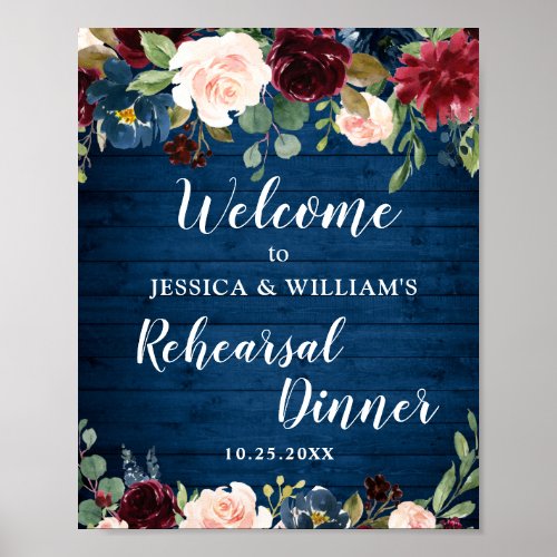 Burgundy Navy Floral Welcome Rehearsal Dinner Sign