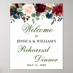 Burgundy Navy Floral Welcome Rehearsal Dinner Sign