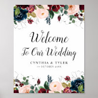 burgundy & navy floral welcome wedding sign
