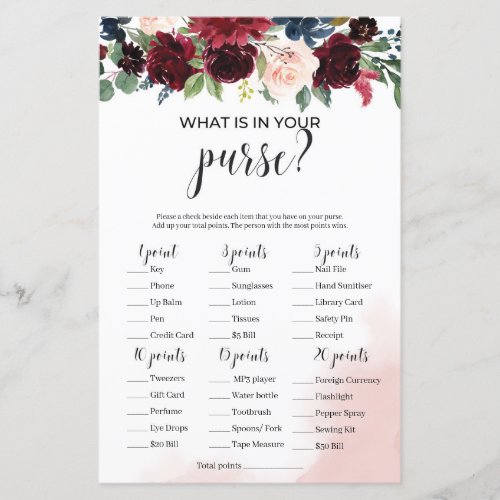 Burgundy navy floral what is in your purse game