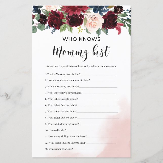 Burgundy navy floral who knows mommy best game (Front)