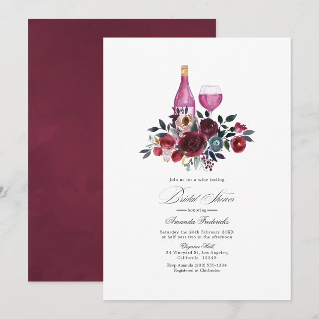 Burgundy & Navy  Floral Wine Tasting Bridal Shower Invitation (Front/Back)