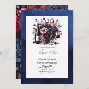 Burgundy & Navy Floral Wine-Themed Bridal Shower Invitation