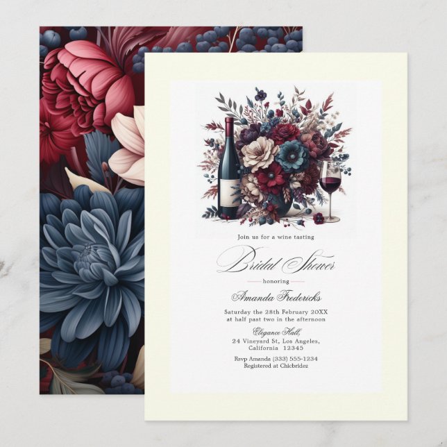 Burgundy & Navy Floral Wine-Themed Bridal Shower Invitation (Front/Back)