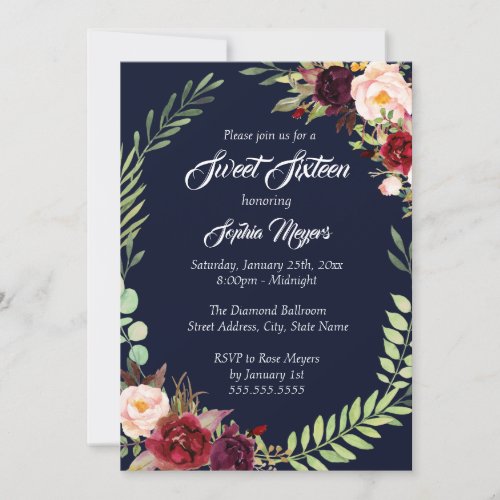 Burgundy Navy Floral Wreath 16th Sweet Sixteen Invitation