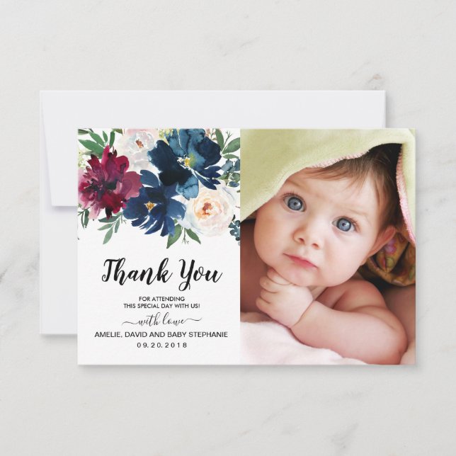 Burgundy Navy Flowers Baby Shower Thank You Photo (Front)