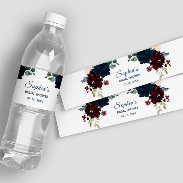 Burgundy & Navy Flowers Rustic Bridal Water Labels (Creator Uploaded)