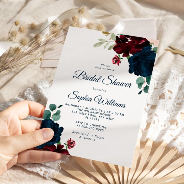 Burgundy & Navy Flowers Rustic Wood Bridal Shower Invitation (Creator Uploaded)