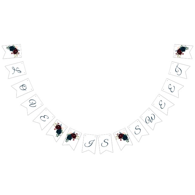 Burgundy & Navy Flowers Rustic Wood Wedding Bunting Flags (All)