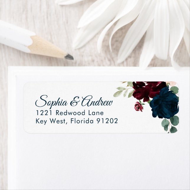 Burgundy & Navy Flowers Rustic Wood Wedding Label (Insitu)