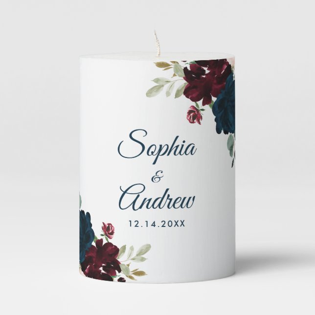 Burgundy & Navy Flowers Rustic Wood Wedding Pillar Candle (Front)