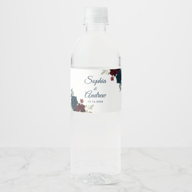 Burgundy & Navy Flowers Rustic Wood Wedding Water Bottle Label (Front)