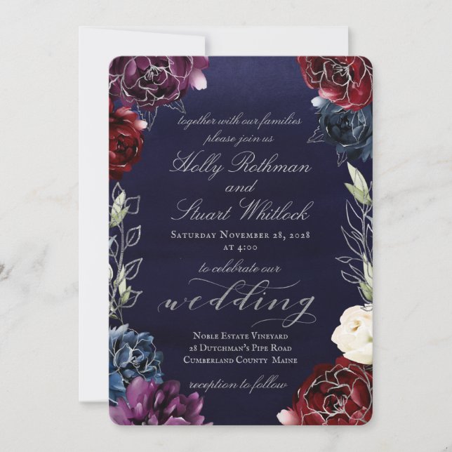Burgundy Navy Garden Wedding Invitation (Front)