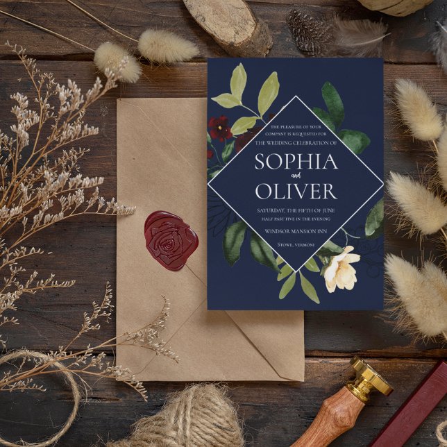 Burgundy Navy Geometric Floral Frame Wedding Invitation (Creator Uploaded)