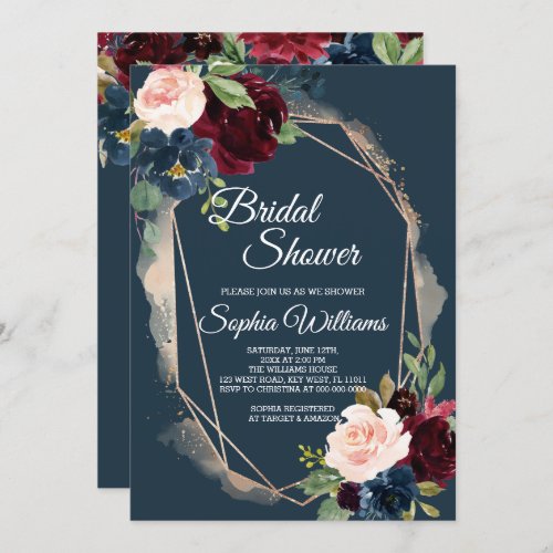 Burgundy Navy  Gold Bridal Shower Invitation