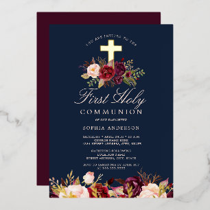 Burgundy Navy Gold Cross Girls First Communion  Foil Invitation