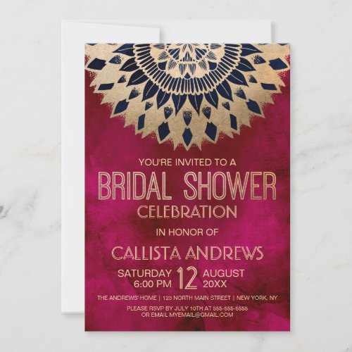 Burgundy Navy Gold Floral Mandala Bridal Shower Invitation