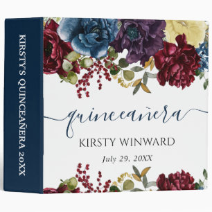 Burgundy Navy & Gold Floral Quinceanera Album 3 Ring Binder