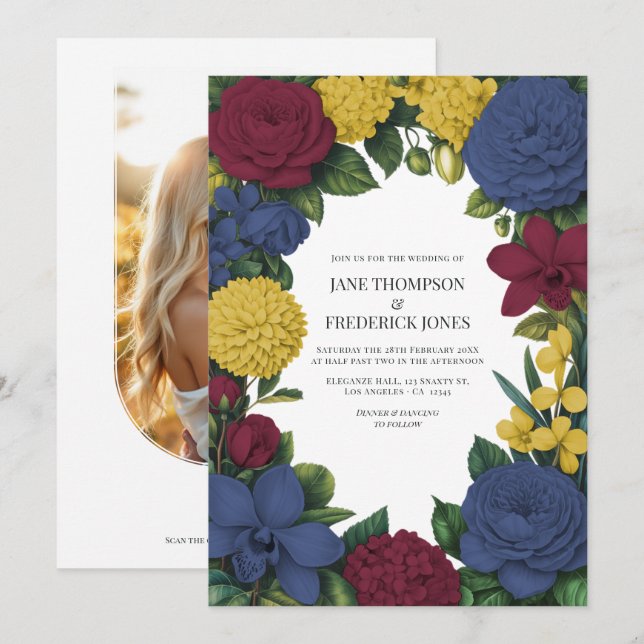 Burgundy, Navy & Gold Floral Wedding Invitation (Front/Back)