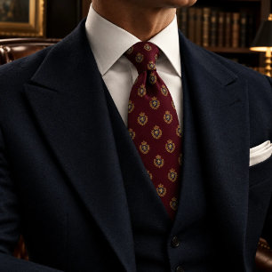 Burgundy Navy Gold Heraldic Crest Club Neck Tie