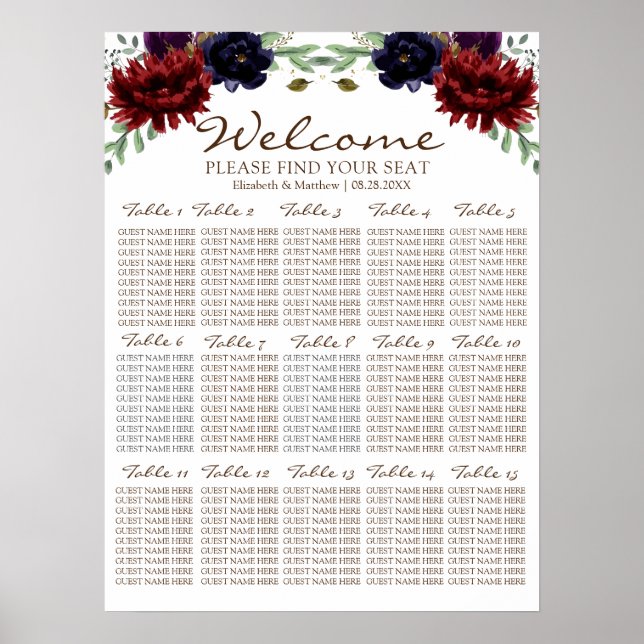 Burgundy Navy Gold Peony Wedding Seating Chart (Front)