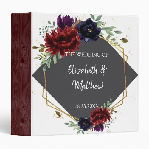 Burgundy Navy Gold Wood Peony Wedding Photo Album 3 Ring Binder