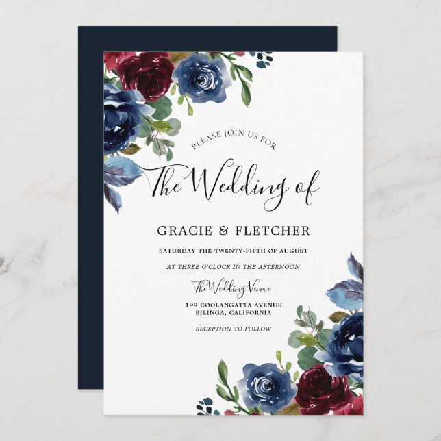 Burgundy & Navy Indigo Flowers Autumn Wedding Invitation (Front/Back)