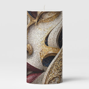 Burgundy Navy Ivory Gold Mosaic Face Pillar Candle