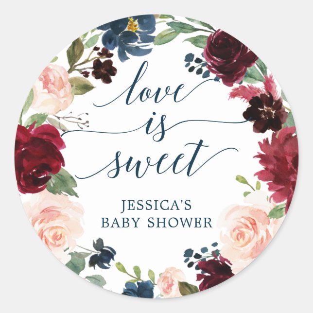 Burgundy Navy Love Is Sweet Baby Shower Favor Classic Round Sticker (Front)