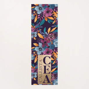 Burgundy Navy Mustard Watercolor Flowers Monogram Yoga Mat