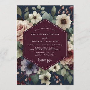 Burgundy Navy Painterly Bloom Wedding Invitation