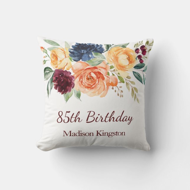 Burgundy Navy Peach Floral 85th Birthday Party  Throw Pillow (Front)