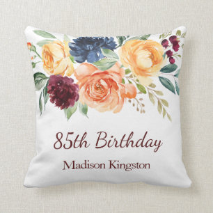 Burgundy Navy Peach Floral 85th Birthday Party  Throw Pillow