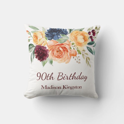 Burgundy Navy Peach Floral 90th Birthday Party Throw Pillow