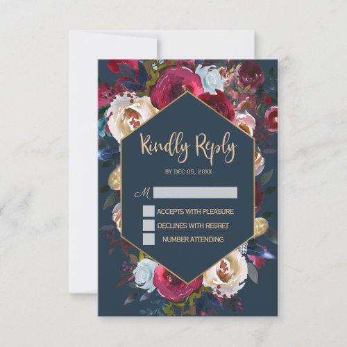 Burgundy Navy Peach Floral Frame Wedding RSVP card