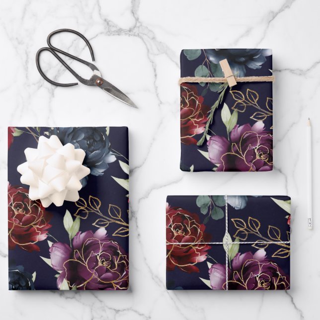 Burgundy Navy Peony Floral Gold Shimmer Wrapping Paper Sheets (Front)