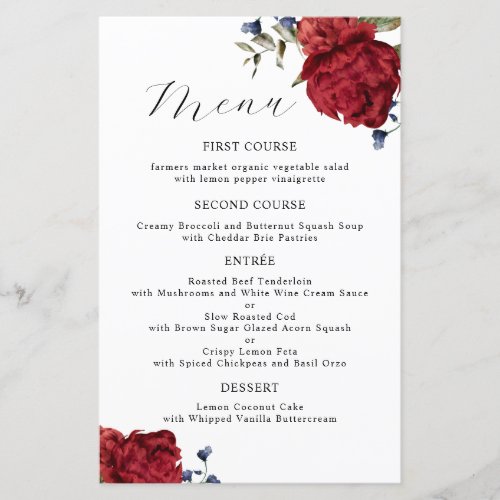 Burgundy Navy Peony Flower Wedding Dinner Menu